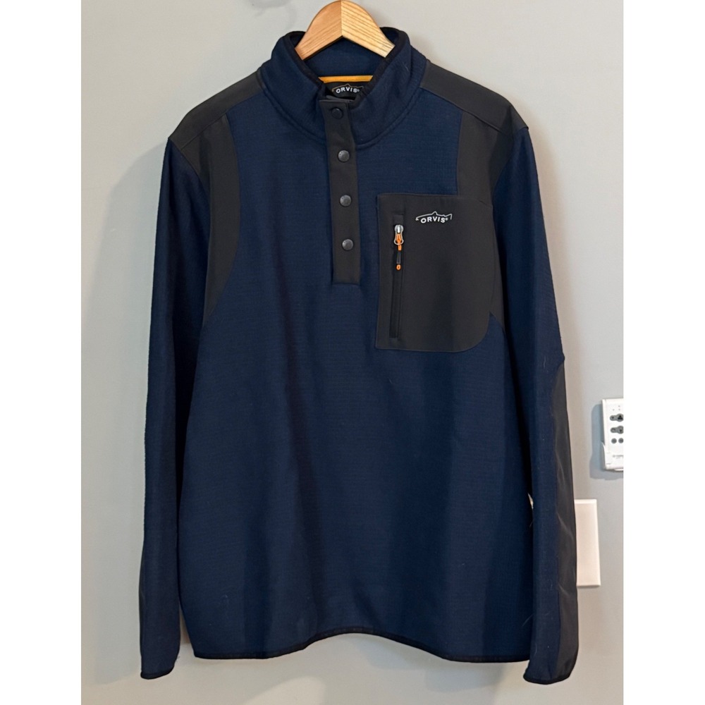 ORVIS Blue heavyweight Grid Fleece Snap Up Mock Neck Pullover Shirt‎ XL